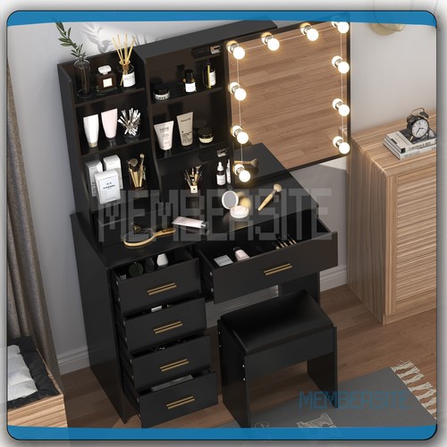 Black vanity table stool set - black,