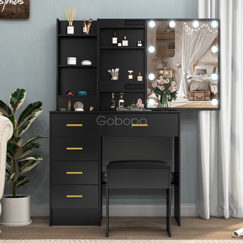 Black vanity desk with - desk, mirror