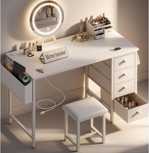 White vanity desk with - vanity, mirror